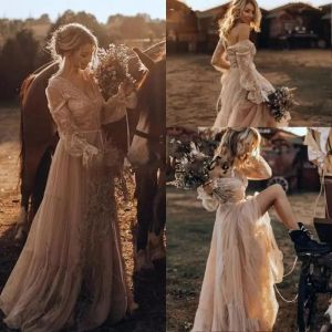 Vestidos de novia de estilo vintage occidental, vestidos de novia bohemios llamativos gitanos de manga larga de encaje, estilo Hippie Abiti Da