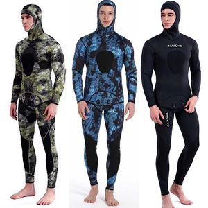 Wetsuits Drysuits 3mm Camouflage Wetsuit Long Sleeve Fission Hooded 2 Pieces Of Neoprene Submersible For Men Keep Warm Waterproof Diving Suit 230320