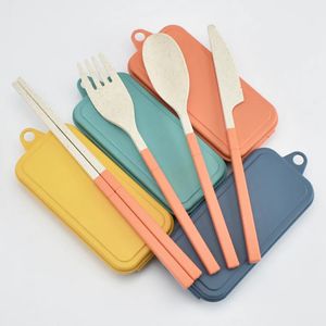 Juego de cubiertos plegables de paja de trigo, cuchillo para niños, tenedor, cuchara, palillos, juegos de vajilla portátiles, juego de cubiertos para viajar y acampar i0912