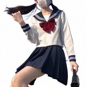 Blanc 3 rayé de base marin tenue école japonaise fille uniforme Seifuku étudiant filles Cos Costume femmes JK jupe plissée marine S8Ac #