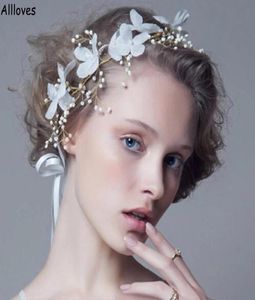 Blanco 3D flores hechas a mano tocados de novia tocado Boho coronas florales diademas mujeres tiaras perlas diadema boda nupcial Hai3538145