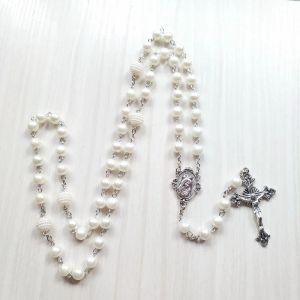 Perla acrílica blanca, collar largo católico de oro blanco de 14 quilates, colgante de cruz, collar de Rosario, joyería religiosa