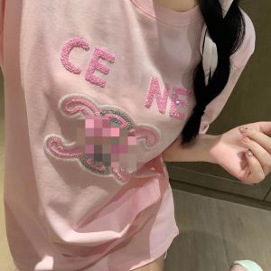 Blanc et rose Designer manches courtes 2023 nouveau sequin broderie logo manches design contrasté mode polyvalent lâche t-shirt décontracté col rond femme pur coton t