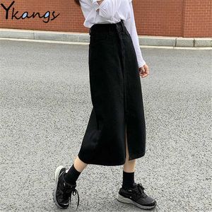 Blanco negro vintage hendidura alta cintura larga falda de mezclilla mujeres casual suelta una línea sólida verano falda de moda coreana streetwear 210619
