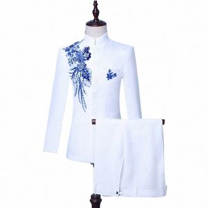 Pantalon blazer blanc pour hommes tunique chinoise broderie à paillettes 2 pièces Dr costume fête de mariage garçons d'honneur Slim Fit Tuxedos mâle Z1k5 #