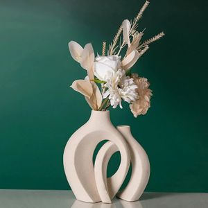 White Ceramic Vase Set of 2 for Modern Home Decor Boho Donut Vases Nordic Minimalist Decorative 240111