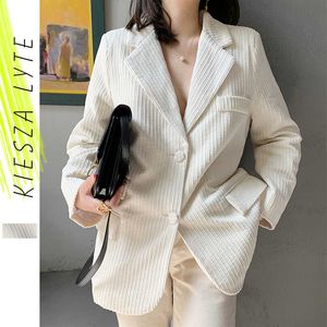 Blazer en velours côtelé blanc Femme Office Lady Blazers Casual Trendy Fashion Vêtements Veste solide 210608