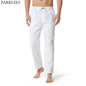 Pantalones de lino de algodón blanco Pantalones de yoga ligeros sueltos ocasionales de los hombres Pantalones largos de playa de verano para hombre con botón de cordón Fly 210715