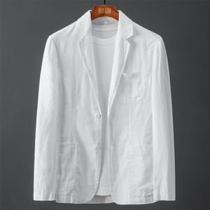 Chaqueta de traje de lino de algodón blanco para hombre Primavera Verano Color puro Slim Casual Business Thin Mens Blazer Jacket Cómodo Transpirable 220819