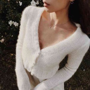 Cardigan court blanc femmes automne hiver cardigan flou col en v à manches longues mohair court tricoté cardigans moelleux L220714
