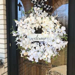 White Dogwood Flower Welcome Wreath Artificial Flower Garlands for Door Marid Warm Wall Fence Home Decor 45x45cm 240411