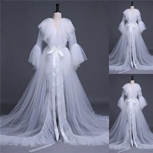 Blanco ilusión volantes tul manga larga nupcial boda Sexy Kimono fiesta embarazada ropa de dormir mujeres Albornoz camisón transparente bata