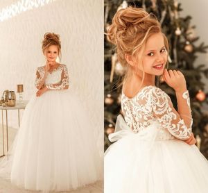 White Ivory Lace Tulle Flower Girl Dresses For Country Garden Weddings Sheer Long Sleeves Appliques Big Bow Sash Back Girls Formal Birthday Party gowns MC2227