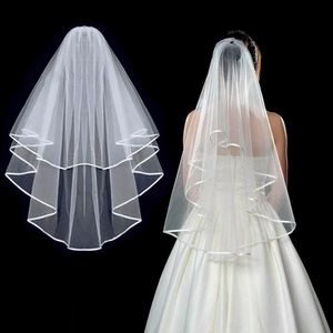 Velo de novia corto blanco marfil con peine, borde de cinta a la moda, largo hasta los hombros, accesorios de boda de dos capas