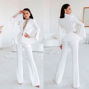 White Lace Wedding Tuxedos Women Lady Long Sleeve Jacket Coat Suits 2022 Women Casual Wide Leg Trousers Set