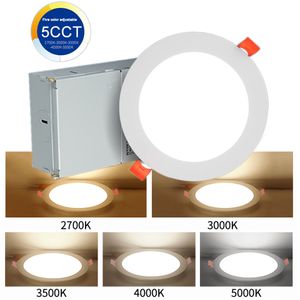 Plafonnier encastré à LED Downlights à intensité variable 6 pouces 5CCT ultra-mince avec boîte de jonction 2700K 3000K 3500K 4000K 5000K sélectionnable 12W Eqv 110W