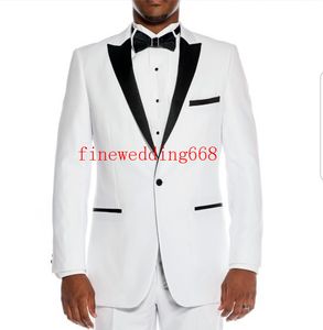 White Peak Lapel One Button Groom Tuxedos Trajes de hombre Wedding Prom Dinner Best Man Blazer Black Brothers Wedding (chaqueta + corbata + faja + pantalones)