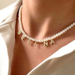 White Pearl Beaded Shiny Letter Pendant Necklace Choker For Women 26 English Alphabet Initial Diy Charms Collar Chain Boho Beach Necklaces Jewelry Gifts