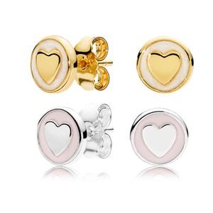 White \ Pink Enamel Heart Pendientes de botón de oro amarillo de 14K para Pandora 925 Silver Womens Earring con conjunto de caja de regalo original