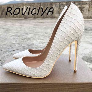 Bombas blancas Zapatos de diseñador de marca famosa para mujer Patrón de serpiente Punta estrecha Tacones altos sexy 12 cm más tamaño YG021 ROVICIYA T220813