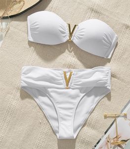 Traje de baño blanco push up para mujer, conjunto de bikini sexy para playa de verano, traje de baño sólido para mujer, traje de baño Bandeau 2202264739515