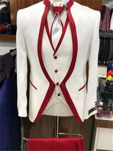 Ropa de escenario de borde rojo blanco para hombres Conjunto de traje Trajes de boda para hombre Traje Novio Esmoquin Formal (chaqueta + pantalones + chaleco + corbata) X0909