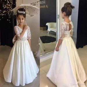 Blanco sexy una línea vestidos de niña de flores para bodas cuello redondo media manga vestido de desfile para niñas vestidos de comunión santa por encargo s