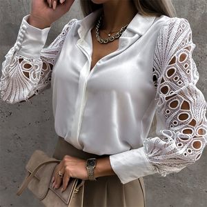 Blusa blanca Sexy de encaje calada para mujer, Top negro de otoño y primavera, camisas abotonadas Vintage, Tops de diseño de malla de manga larga