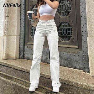 White Straight Leg Jeans For Women High Waist Stretch Denim Mom Jean Baggy Pants Casual Comfort Loose Tassel Fashion Trousers 211129