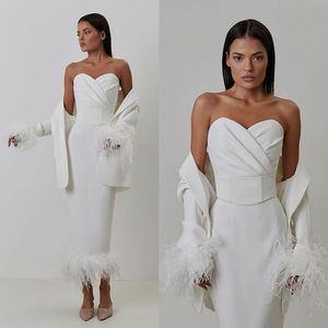 Trajes de vestir de mujer blanca Slim Fit Pluma de avestruz Ropa de fiesta de noche para boda Falda recta 3 piezas