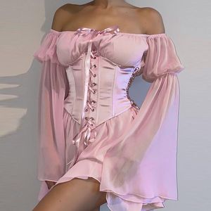 Blanco mujeres vintage fuera del hombro acanalado correas cruzadas manga larga princesa de hadas mini vestido corsé bustier top 220317