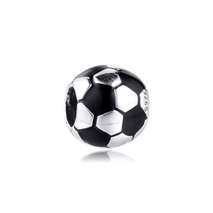 Abalorios de pelota de fútbol de esmalte negro de Plata de Ley 925 completos compatibles con pulseras Pandora originales cuentas de Metal fabricación de joyas DIY