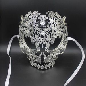 Todo-Negro Cara Completa Cráneo Hombres Mujeres Metal Corte Láser Plata Mascarada Fiesta Máscaras Oro Bola Roja Rhinestone Prom Veneciano Ma242D