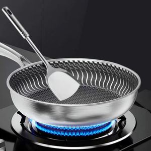 Whole Body Tri-Ply Stainless Steel Frying Pan 316 Stainless Steel Wok Pan Double-sided Honeycomb Skillet Suitable for All Stove 240115