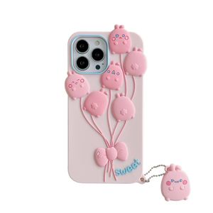 Vente en gros gratuit DHL 3D Cartoon ballon rose étui pour iphone 14 13 12 11 Pro XS Max XR X 6S 7 8 Plus Couverture de téléphone en silicone souple avec lanière lapin fille cadeau