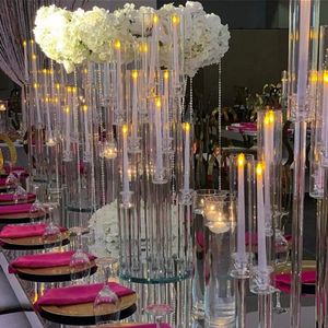 Venta al por mayor 10 brazos de tallo largo tubo de acrílico transparente moderno candelabros de cristal de huracán centros de mesa de boda candelabros FY3802 ss1119