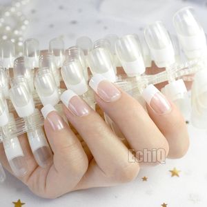 Venta al por mayor, 10 juegos de uñas postizas transparentes francesas blancas cristalinas, cobertura completa, cabeza cuadrada, manicura, uñas falsas