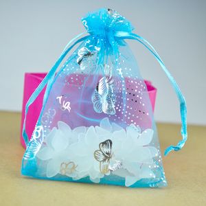 En gros 100 pcs/lot 9x12 cm emballage cadeau lac bleu Organza bijoux cadeau pochette sacs cordon sac papillon motif