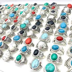 Venta al por mayor, 100 Uds., anillos de piedra Retro para mujer, accesorios de joyería Vintage, estilos mixtos, regalo de fiesta, Color plateado con una caja de presentación
