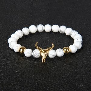 10pcs / lot 8 mm Blanc Marbre Howlite Perles en pierre avec alliage Bracelet Tauromachie MenWomen Bijoux Animal Charm