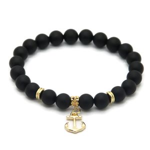 Vente en gros 10 ps/lot 8mm A Grade noir mat Agate pierre or ancre bracelets porte-bonheur cadeau de fête