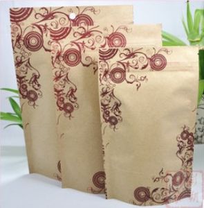 Vente en gros de 12-29cm Kraft Paper Serrures avec un sac à glissière en plastique Plastique Packaging Fleurs Print Step Sacs de nourriture 100pcs / Lot