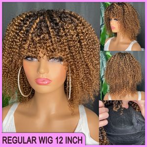 En gros 12a 10a Grade indien brésilien 100% remy vierge humain coiffure 1b / 27 perruque régulière bouclée coquette avec bang