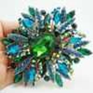 Vente en gros-2014 nouvelle mode fleur élégante plaquée or grande broche broche vert strass cristal