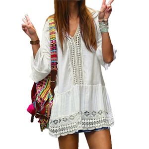 Robes de soirée en gros- 2021 Summer Style Femmes Boho Robe De Plage Blanc Casual Sexy Col En V À Manches Longues Flare Dentelle Évider Mini Gilet Court