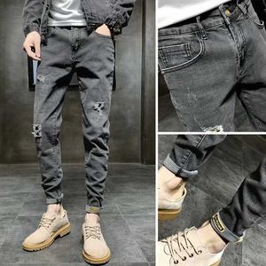 wholesale 2020 mode hip hop street cargo gris foncé lavé coton sans repassage déchiré homen's mi-hauteur adolescent jean skinny X0621