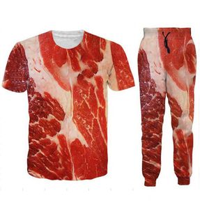 Venta al por mayor--2022 Nueva moda Casual Carne Carne de res 3D Impresión completa Chándales Camiseta + Joggers Pantalones Traje Mujeres Hombres @ 057