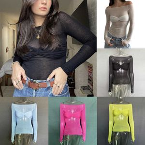 Al por mayor 2023 Spring Summer Womens Mesh T Shirt Hollow Out Sexy Light Perspective One Neck Camiseta Tops Tops para damas
