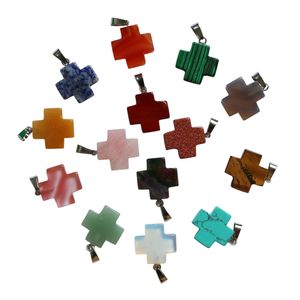 En gros 25 pcs/lot Meilleure vente Pierre naturelle de haute qualité Pendentif croix de couleur mélangée 20 mm pour la fabrication de bijoux Boucles d'oreilles Femme cadeau gratuit