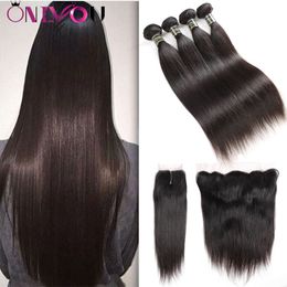 Vente en gros 9a Raw Indian Virgin Hair Soft Straight Bundles avec fermeture Bundles de tissage de cheveux humains bon marché avec fermeture frontale en dentelle d'oreille à oreille